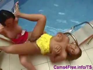 2 magnificent Tgirls fucking each other poolside