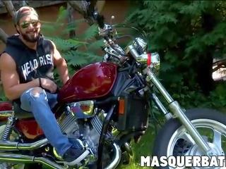 Bearded hunk biker solo masturbating