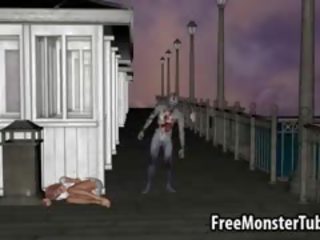 3d ruiva femme fatale fica fodido ao ar livre por um zombie